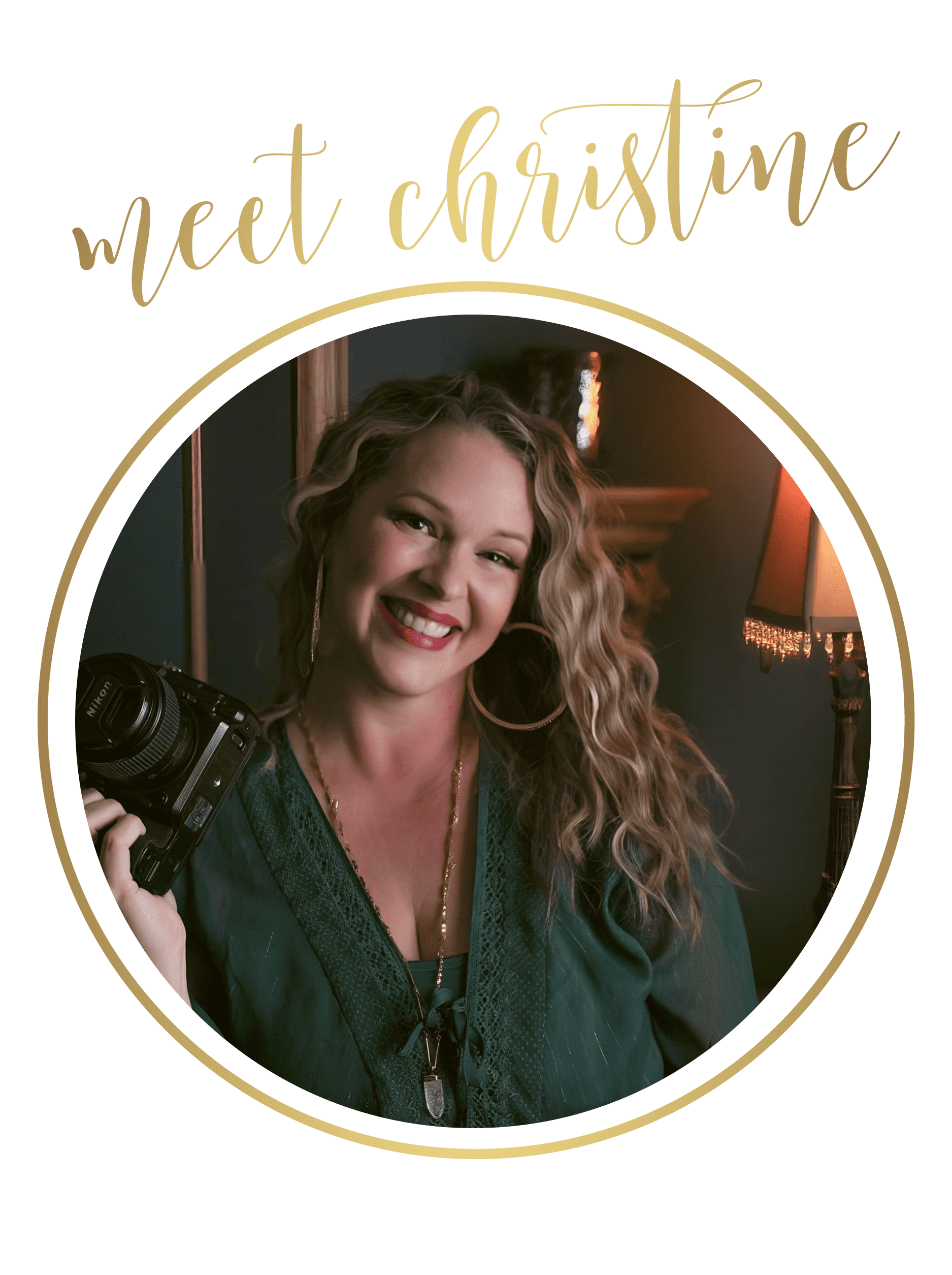 A photo of Christine Roberts, the photographer, holding her camera, with a big smile on her face.