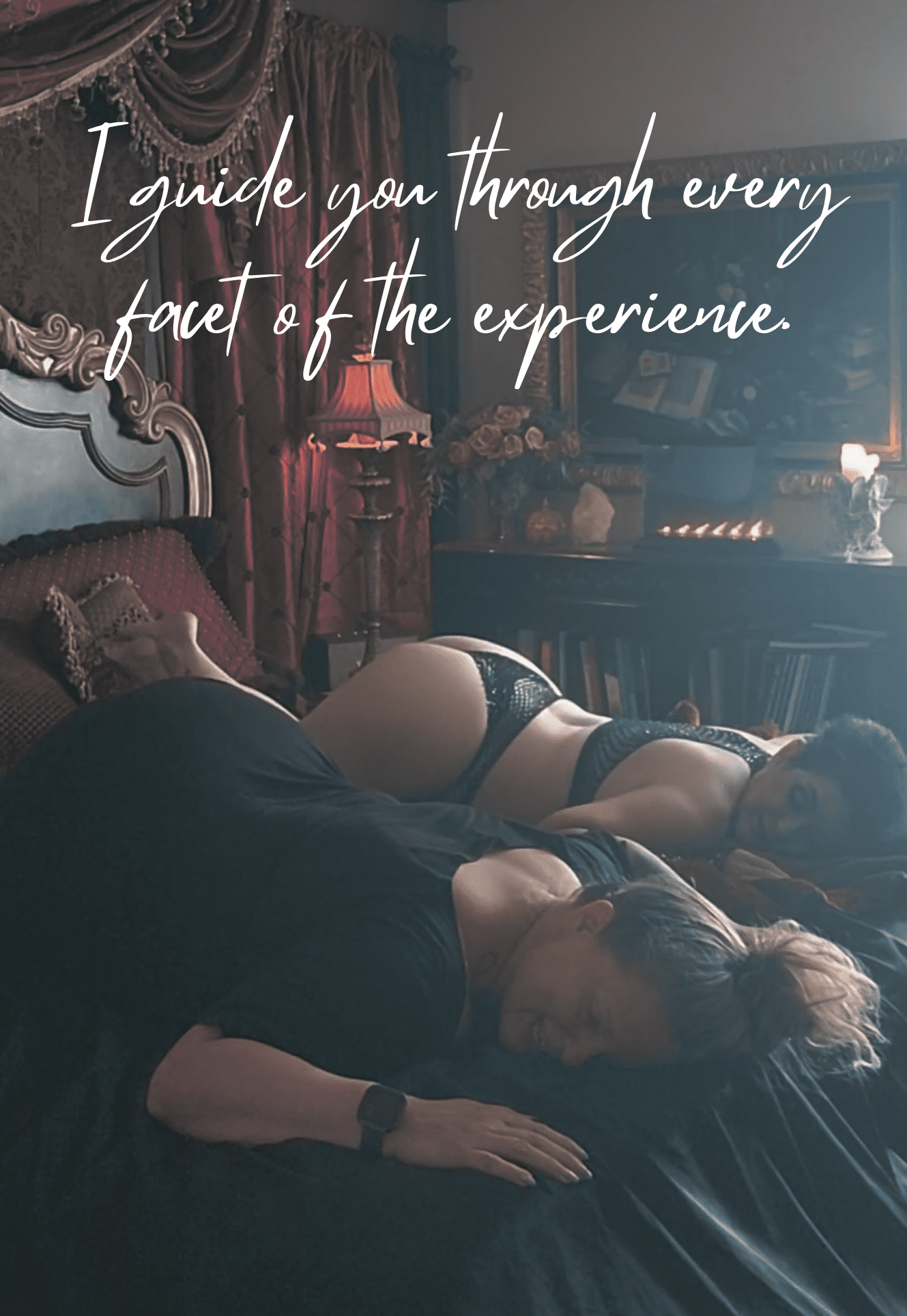 A photo showing a behind the scenes look of Christine, the photographer, guiding her cient, Erika, in her pose during her boudoir photo session in Talco, TX.